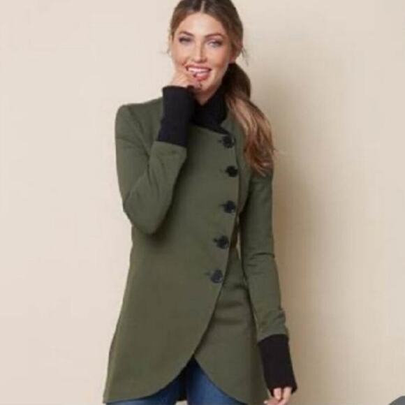 Venus Asymmetrical Button Down Coat Jacket Size 16 Olive Green - Picture 1 of 9